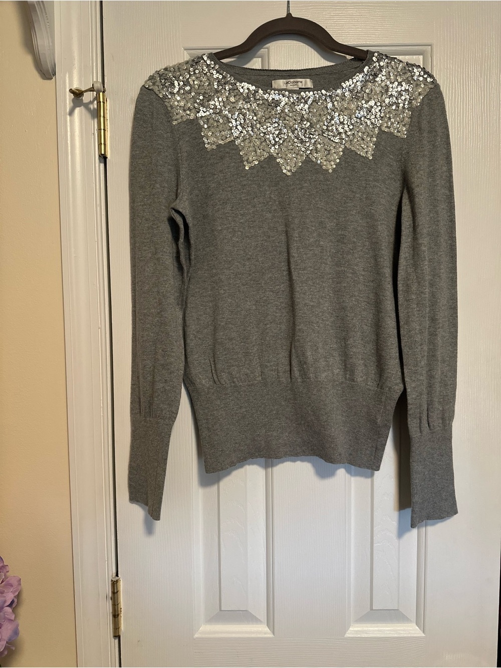 Liz Claiborne Women's Gray Sequin-Shoulder Sweater size Medium